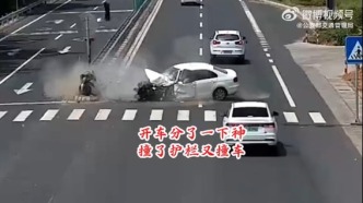 開車分了一下神 撞了護欄又撞車